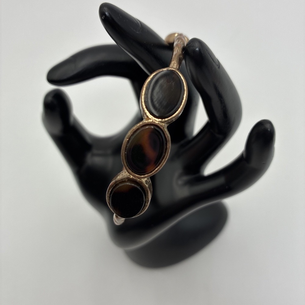 Vintage Gold Tone Tortoise Shell Resin Oval Cabochon Bangle Bracelet Cuff